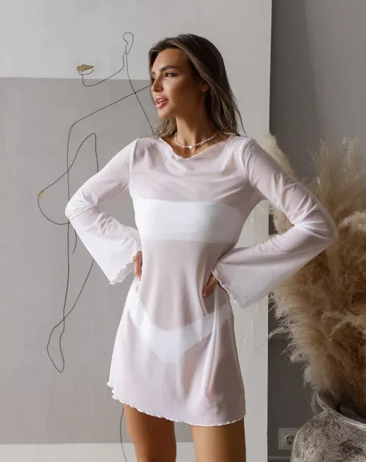 Sheer Mesh Bell Sleeve Beach Dress