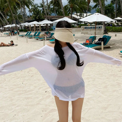 Women's Beach Cover-Up Shirt | Loose Long Sleeve One-Shoulder Swimsuit Outerwear