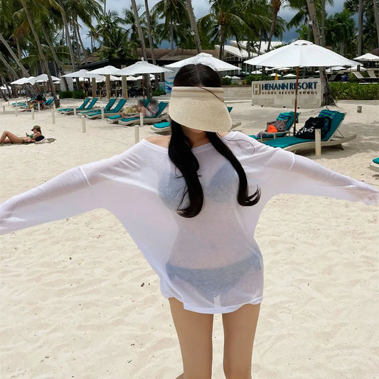 Women's Beach Cover-Up Shirt | Loose Long Sleeve One-Shoulder Swimsuit Outerwear