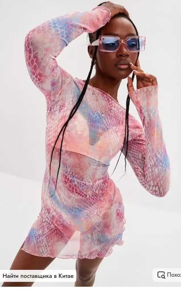 Sheer Mesh Bell Sleeve Beach Dress
