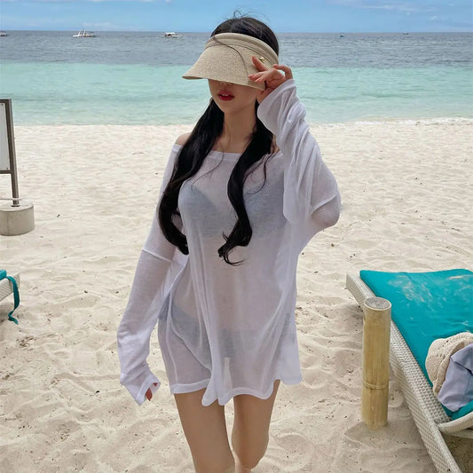 Women's Beach Cover-Up Shirt | Loose Long Sleeve One-Shoulder Swimsuit Outerwear