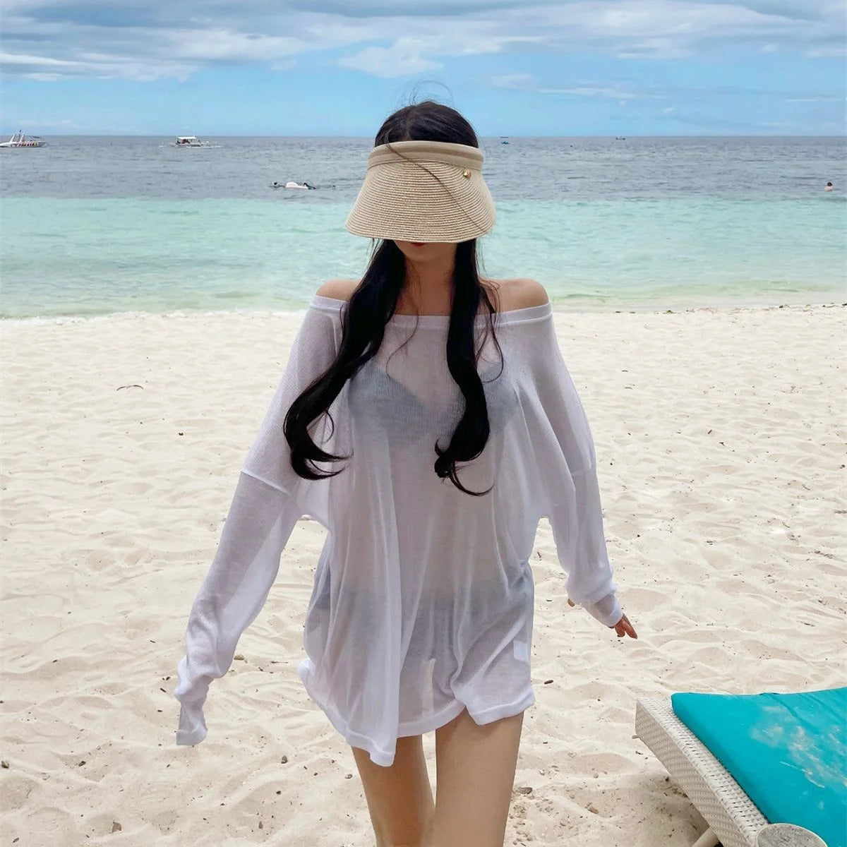 Women's Beach Cover-Up Shirt | Loose Long Sleeve One-Shoulder Swimsuit Outerwear